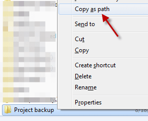 Screen capture of the "copy as path" menu entry