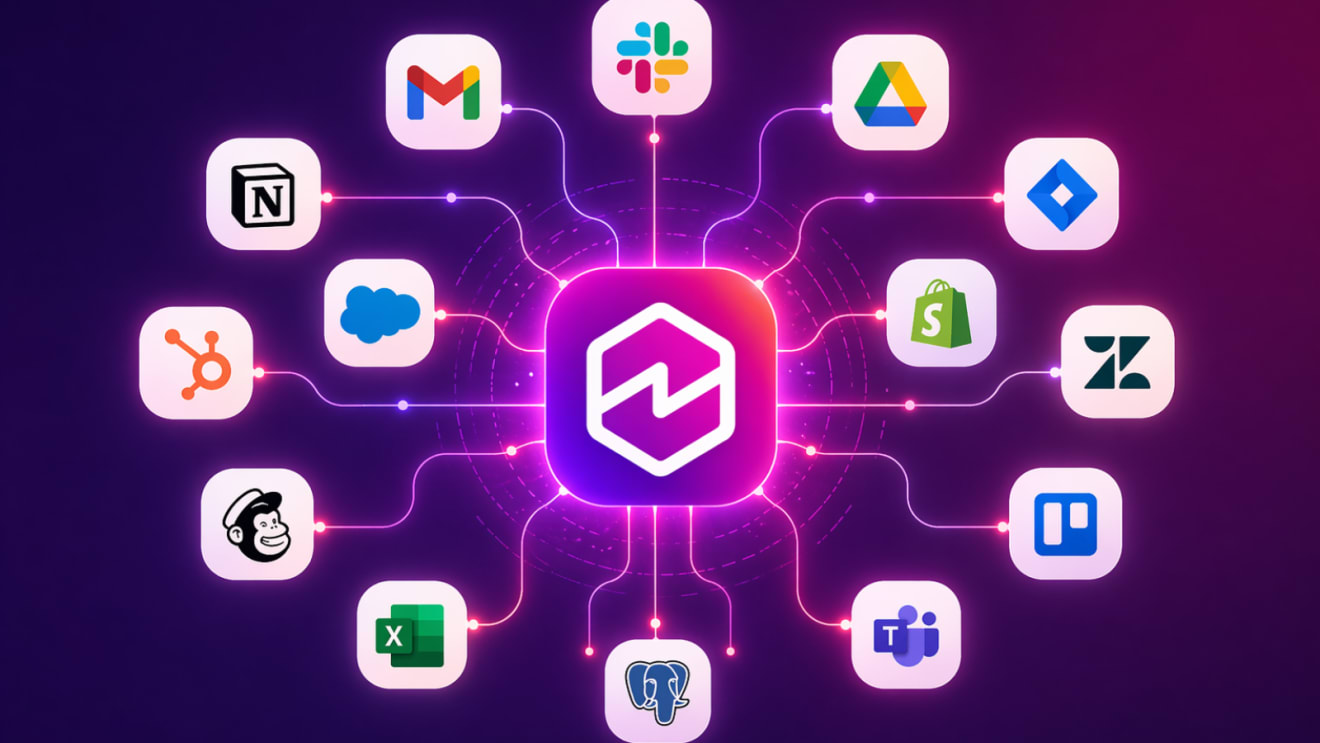 Amazon Quick logo centered in a hexagonal shape with glowing lines connecting to surrounding app icons for Gmail, Slack, Google Drive, Salesforce, HubSpot, Shopify, and Microsoft Teams, all set against a purple background.