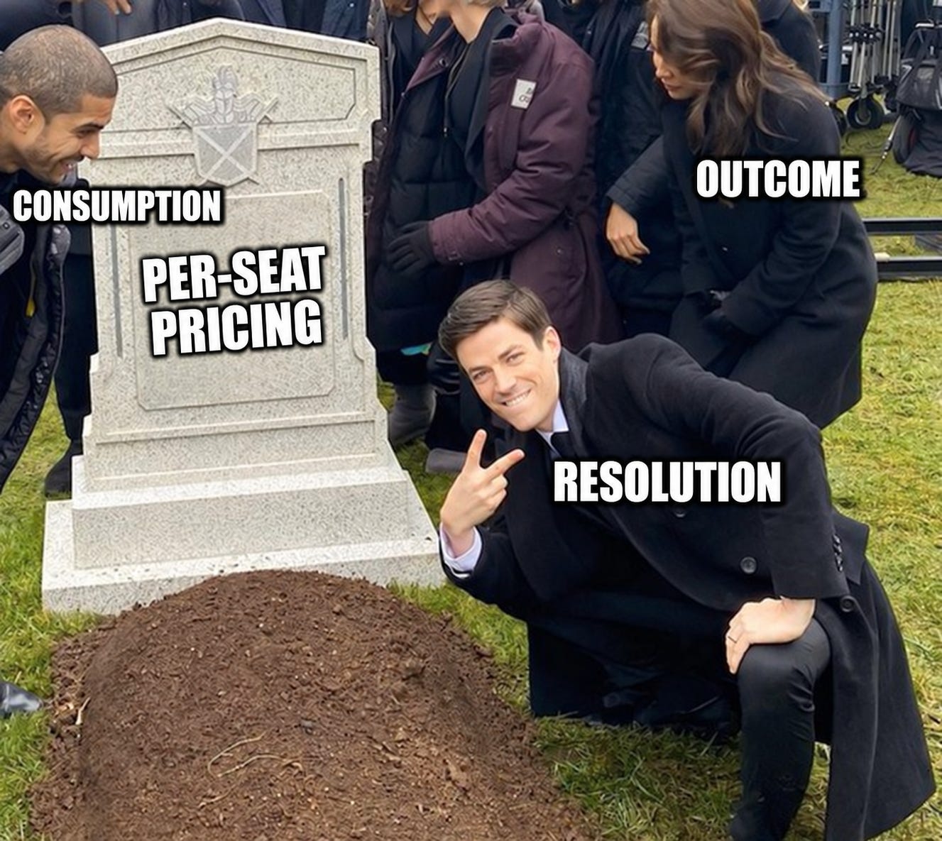 Meme of a funeral for per-seat pricing, with consumption, resolution and outcome pricing standing around the grave