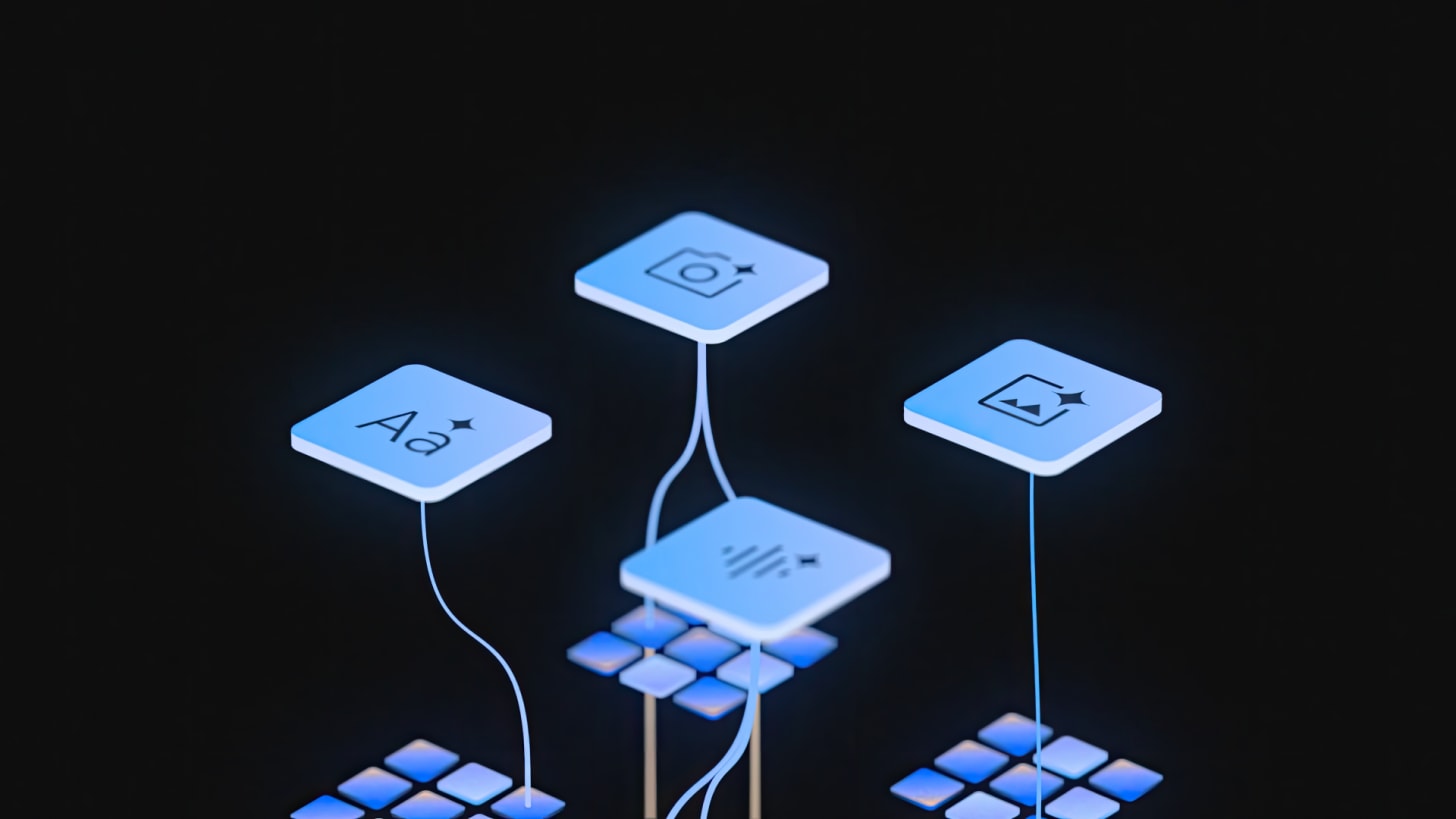 A photo illustration of Gemini represented as connected tiles showing applications including a camera and photo roll (Google)