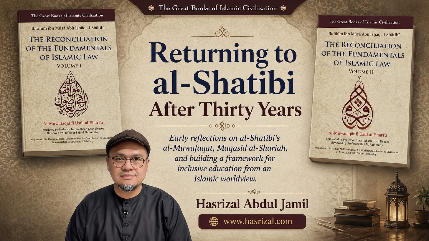 A 16:9 promotional banner with a parchment-style academic background and Islamic geometric motifs. Two book covers of The Reconciliation of the Fundamentals of Islamic Law, Volumes I and II, by Ibrahim ibn Musa Abu Ishaq al-Shatibi, appear on the left and right. In the centre, large text reads “Returning to al-Shatibi After Thirty Years,” followed by the subtitle “Early reflections on al-Shatibi’s al-Muwafaqat, Maqasid al-Shariah, and building a framework for inclusive education from an Islamic worldview.” At the lower left is a portrait of Hasrizal Abdul Jamil wearing glasses, a brown cap, and a black shirt. The bottom centre displays “Hasrizal Abdul Jamil” and the website “www.hasrizal.com.” Decorative books and a lantern appear on the lower right, reinforcing the scholarly Islamic theme.