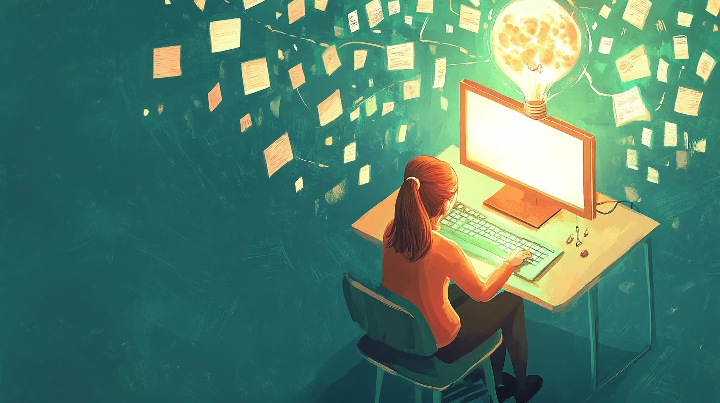 Illustration of a woman working at a computer with a glowing lightbulb above the monitor, surrounded by floating notes symbolising ideas or creativity. Illustration of a woman working at a computer with a glowing lightbulb above the monitor, surrounded by floating notes symbolising ideas or creativity.