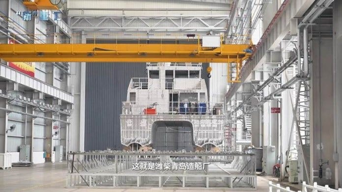 The same hull from the bow, described in the film as “the Weichai Qingdao shipyard.” Source: Weichai Power.