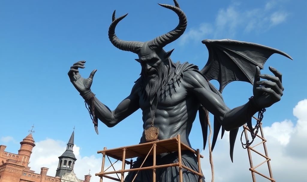 A towering horned demonic figure with wings looms over a wooden scaffolding structure, as if preparing or overseeing its construction, with castle-like buildings in the background under a bright sky.