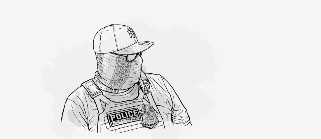 Line drawing illustration of a federal law enforcement officer shown from chest up. The figure wears a baseball cap, a bandana covering the lower face, sunglasses, and tactical vest labeled 'POLICE FEDERAL OFFICER' with a visible badge.