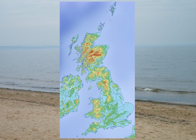 Image of a beach with a map of the UK overlaid over the photo