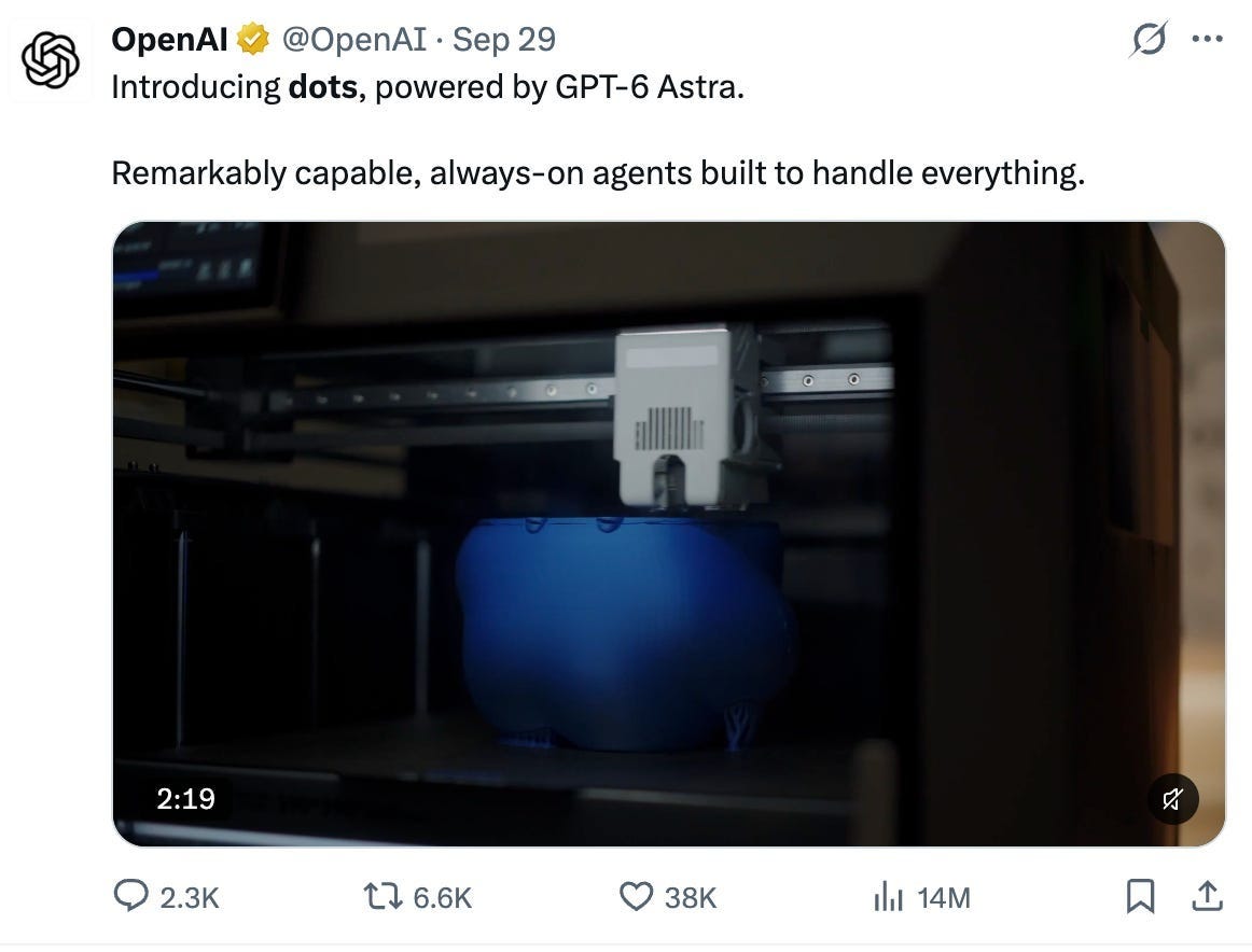 OpenAI's X post introducing Dots, powered by GPT-6 Astra