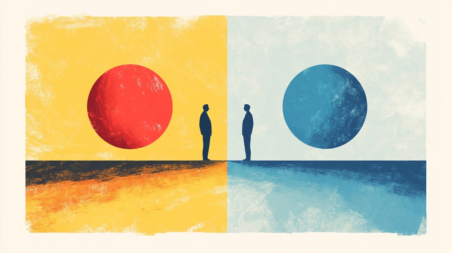 Two silhouetted figures face each other across a split background of warm yellow and cool blue tones. Two silhouetted figures face each other across a split background of warm yellow and cool blue tones.
