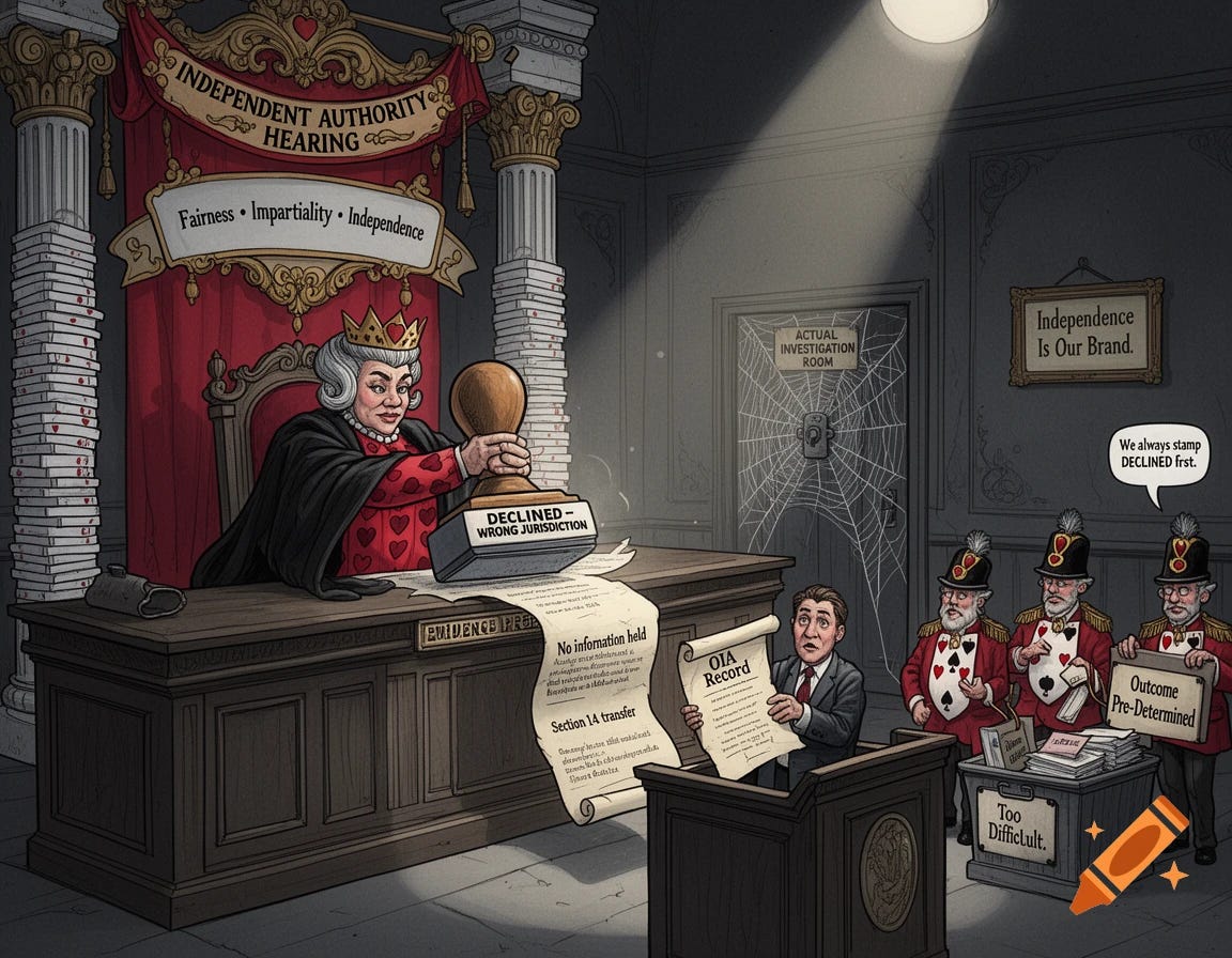 Editorial illustration, Alice-in-Wonderland-inspired courtroom, intelligent political and bureaucratic satire. The Queen of Hearts sits behind an imposing judicial bench wearing traditional red heart-patterned royal dress beneath black judicial robes. Without looking at the evidence, she forcefully slams an oversized rubber stamp reading "DECLINED – WRONG JURISDICTION" onto a document.

A concerned citizen stands at a lectern labelled "Evidence Presented," holding an unrolled parchment titled "OIA Record" containing the phrases "No information held" and "Section 14 transfer." The Queen stamps the document before it is even fully examined.

Three card soldiers serve as bureaucratic clerks: one quietly whispers, "We always stamp DECLINED first."; another drops complaint files into a bin labelled "Too Difficult."; the third holds a placard reading "Outcome Pre-Determined."

The courtroom is lavish yet absurd, with towering columns constructed from stacked playing cards, an ornate banner reading "Independent Authority Hearing," and a crooked plaque behind the judge stating "Fairness • Impartiality • Independence." In the background, a dusty locked door labelled "Actual Investigation Room" is covered in cobwebs. A framed motto reads "Independence Is Our Brand."

A dramatic spotlight illuminates the oversized rubber stamp while the rest of the courtroom sits in cooler grey shadows. Rich crimson, gold, parchment, and charcoal tones. Highly detailed editorial illustration, expressive faces, sophisticated satire, Wonderland surrealism blended with realistic courtroom architecture, painterly digital art, not cartoonish, magazine-quality illustration.