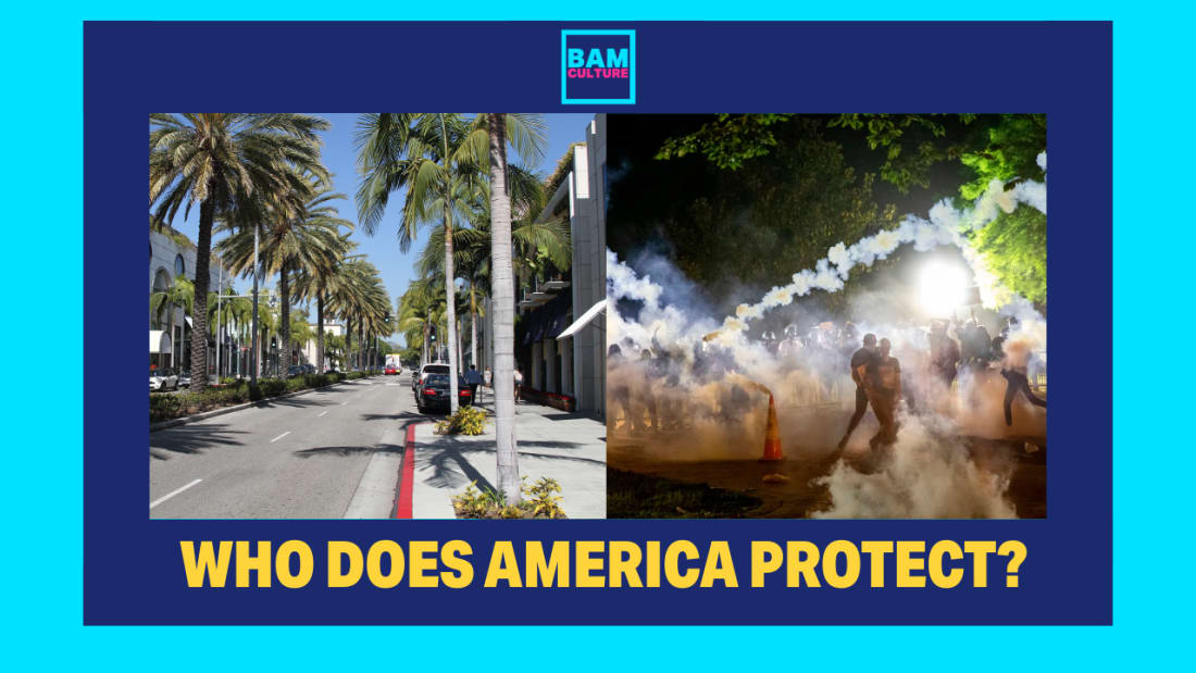 Image showing Rodeo Drive on one side and a tear-gas-filled protest on the other, under the headline “Who Does America Protect?”