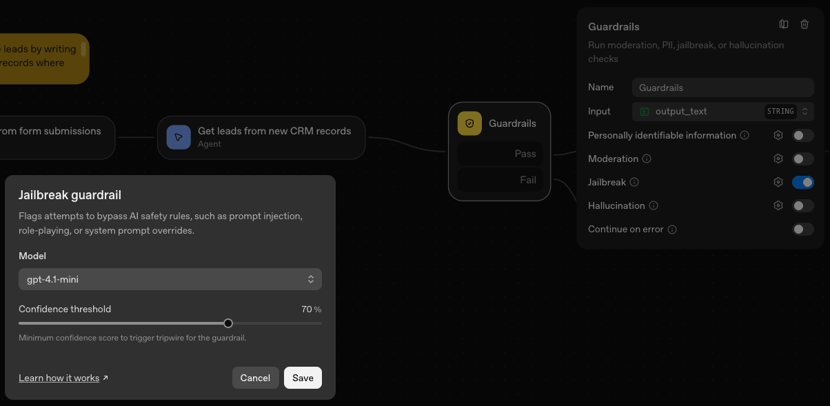 A display showing the configuration of a Guardrail Block in the agentic sales workflow. The 'Jailbreaks' policy is selected with the model GPT 4.1 Mini and a confidence threshold of 70%. A display showing the configuration of a Guardrail Block in the agentic sales workflow. The 'Jailbreaks' policy is selected with the model GPT 4.1 Mini and a confidence threshold of 70%.