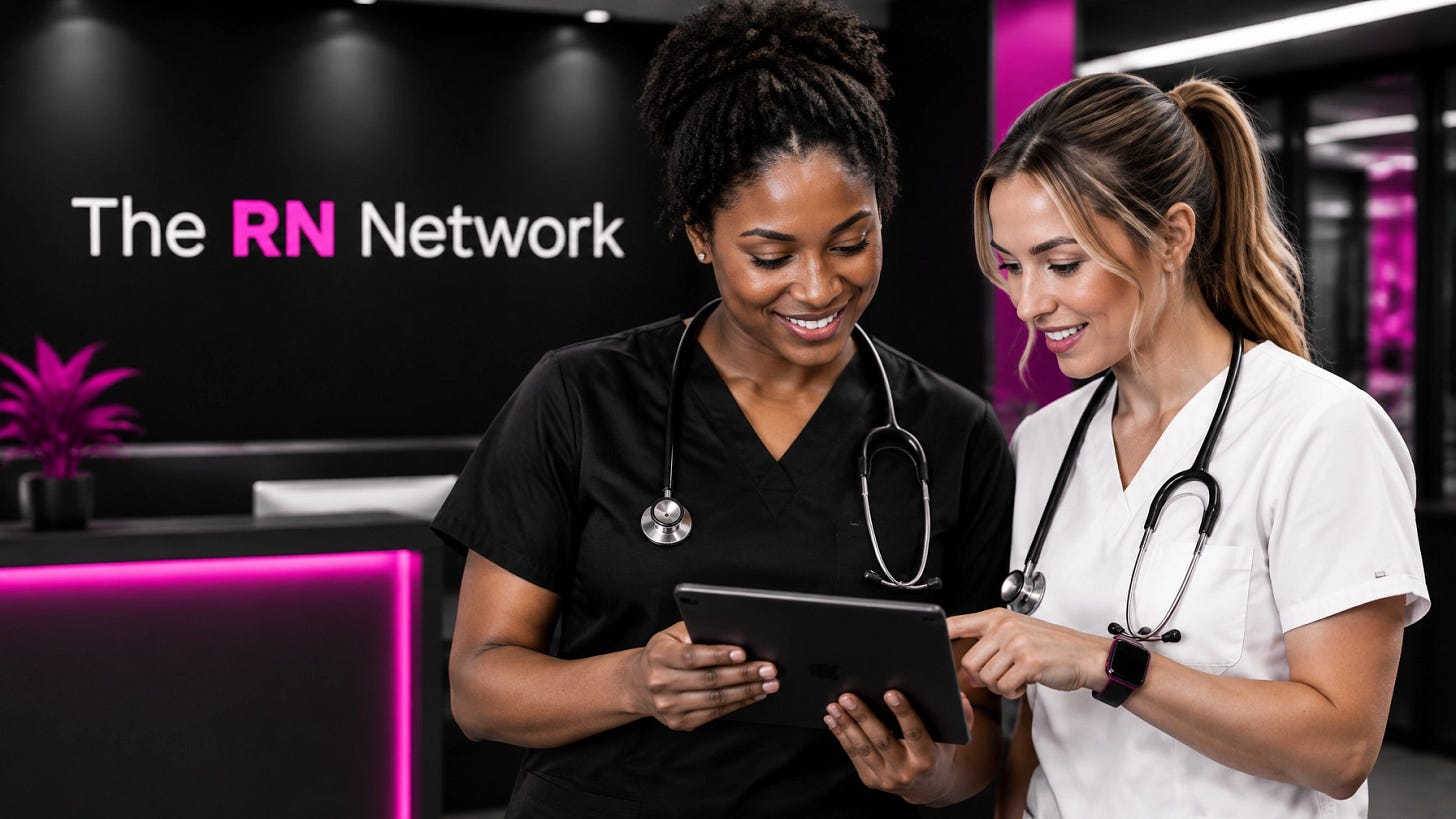Nurses in neutral scrubs reviewing workforce data on a tablet