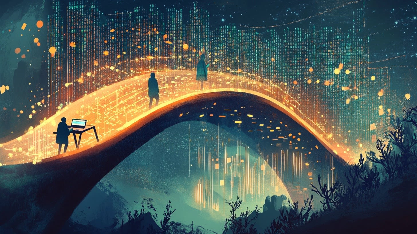 A glowing data bridge with silhouetted figures, connecting a designer at a laptop to a city of code under a starry sky. A glowing data bridge with silhouetted figures, connecting a designer at a laptop to a city of code under a starry sky.