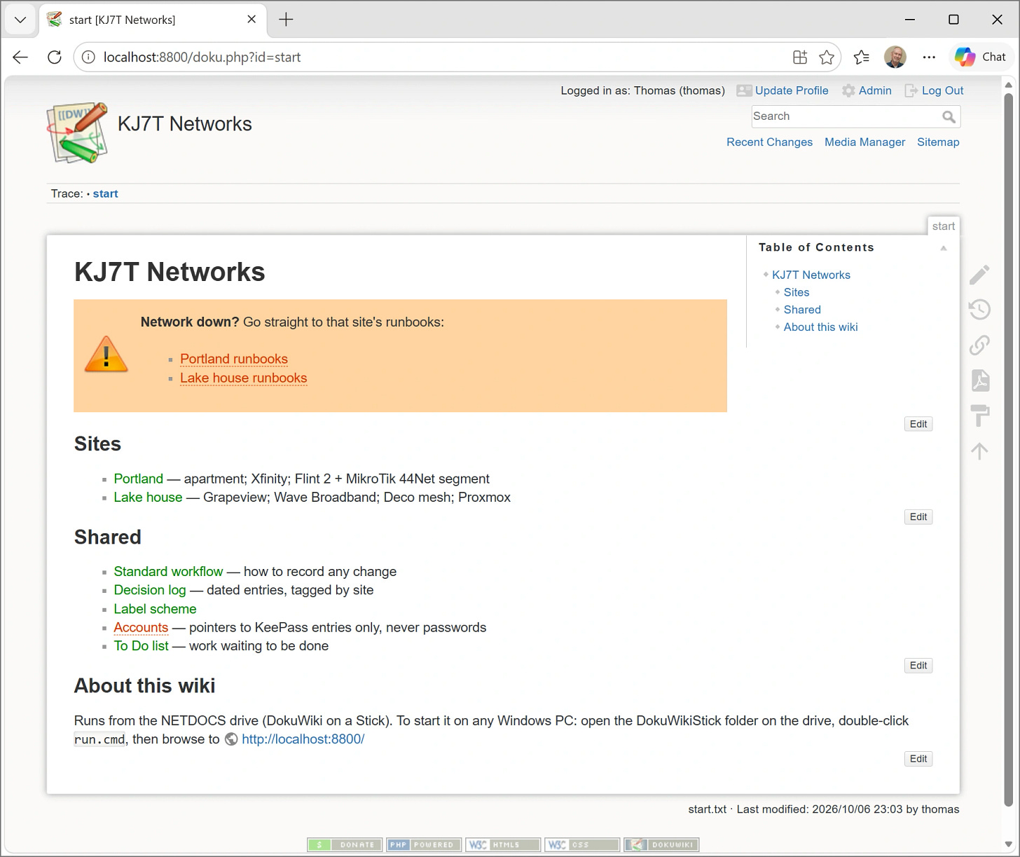 The KJ7T Networks wiki start page, running from the NETDOCS drive