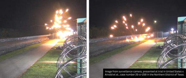 fireworks exploding outside of center fence