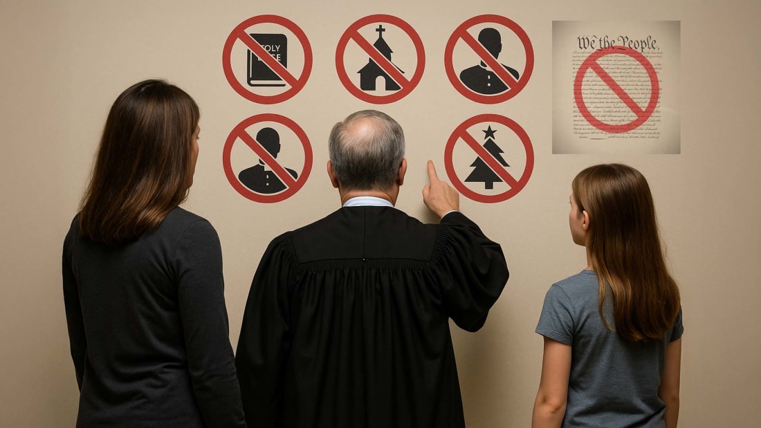 A judge in a black robe stands between a mother and her daughter, pointing at a wall covered with red “no” symbols placed over icons of a Bible, a church, a pastor, a Christmas tree, and even a crossed-out Constitution—visually representing a court order banning Christian faith and practice.