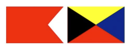 A graphic displaying the nautical signal flags for "Bravo" and "Zulu," which are traditionally flown together to signify "Well Done." Left (Bravo): A solid red flag with a swallow-tail cut. Right (Zulu): A rectangular flag divided into four triangles: black (left), yellow (top), blue (right), and red (bottom).