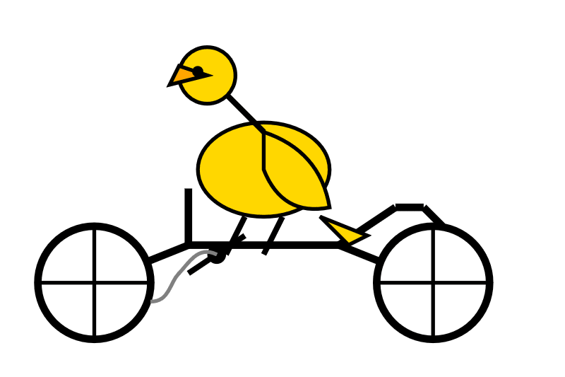  A stylized yellow bird with a black outline rides a black bicycle with two black wheels and a black frame. The bird has a circular head with a black eye and an orange beak, and a round body with two black legs.