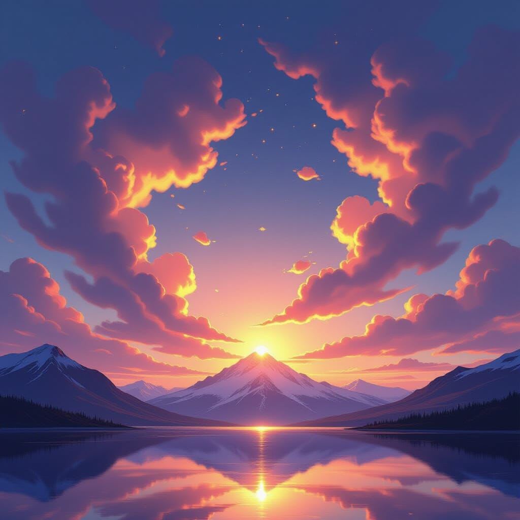 Ethereal, glowing clouds at sunrise forming a complex, interconnected network across the sky. Below, a serene landscape … Ethereal, glowing clouds at sunrise forming a complex, interconnected network across the sky. Below, a serene landscape …