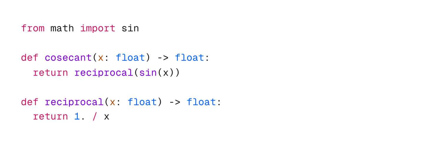 Image showing a Python function that invokes two other functions, one of which is defined while the other is imported.