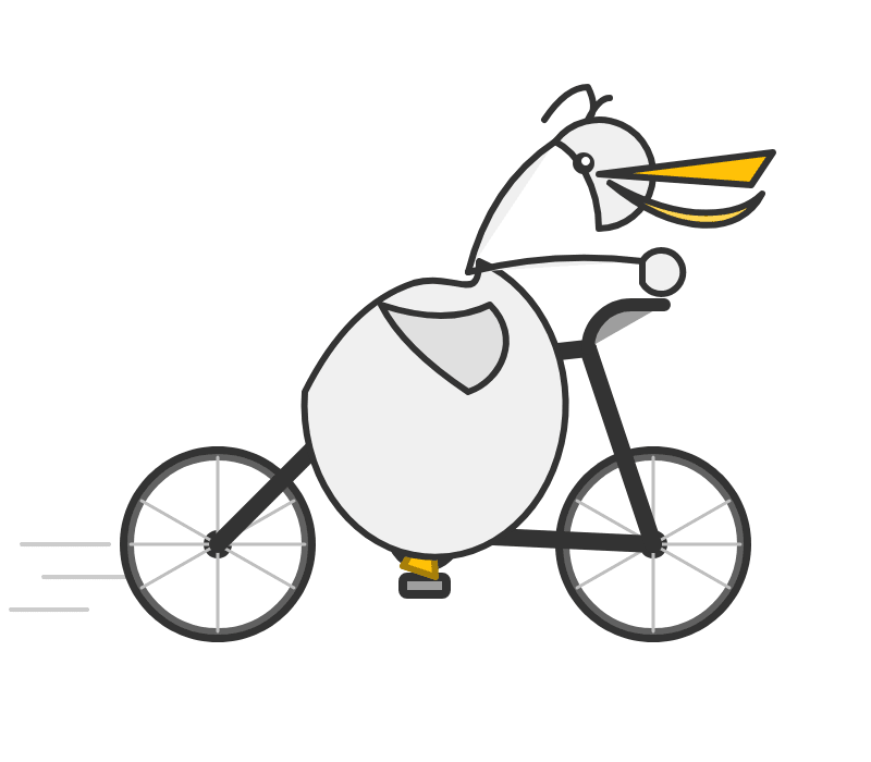  A clean-line cartoon illustration of a white duck with a large, egg-shaped body riding a black bicycle. The duck is leaning forward over the handlebars with its yellow beak pointed ahead. Three gray speed lines trail from the back wheel, indicating the bicycle is moving quickly from right to left against a white background.
