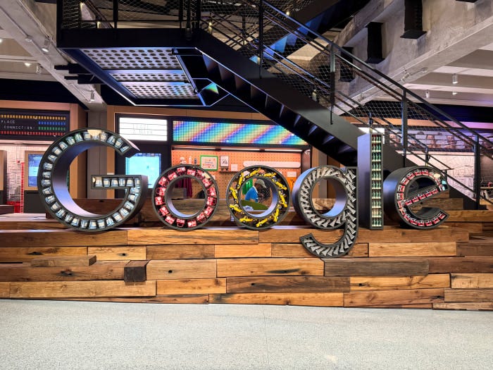 The Google logo displayed at its New York City headquarters, spelled out with large letters each containing unique items.