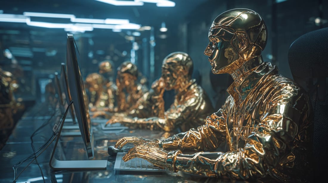 A row of gold plated humanoid workers sitting at computer consoles in a dark, futuristic office, their reflective metallic bodies illuminated by glowing monitors, symbolizing extreme profit and a culture trapped inside digital worlds.