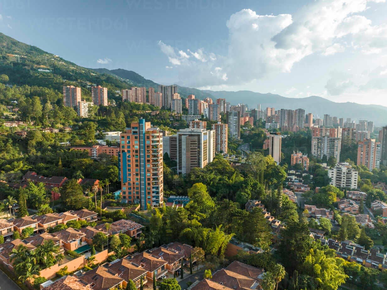 Aerial view of Medellin residential district at sunset, Antioquia,  Colombia. stock photo