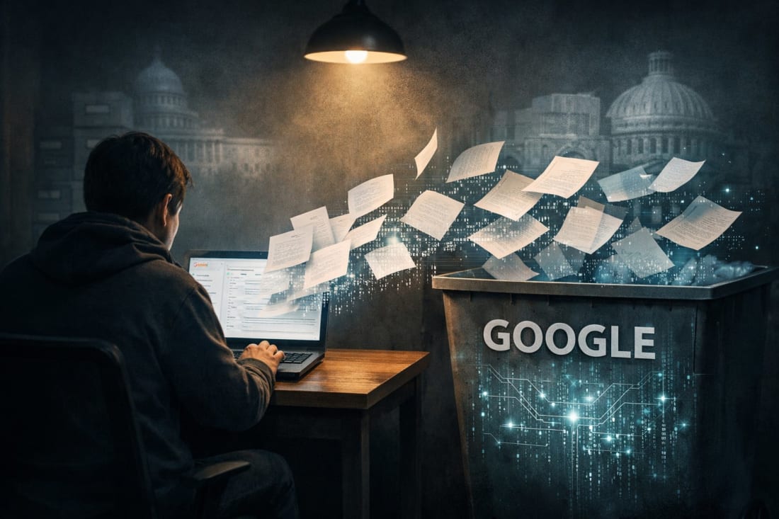A man sits at a desk typing on a laptop with Gmail open. Sheets of paper representing private emails fly out of the laptop screen toward a large bin labeled Google, where the pages dissolve into glowing digital code. Faint silhouettes of government buildings appear in the background, suggesting silent oversight.