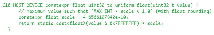 Definition of the uint32_to_uniform_float function that converts a 32-bit integer to a float value in the range [0,1)