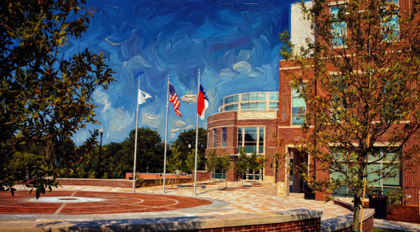 An oil painting filter applied to a photograph of a brick building with a rounded front and three flagpoles (US, NC, and another) on a paved plaza. The sky has thick, swirling blue and white brushstrokes. The text "image altered using AI" is visible in the bottom right corner.
