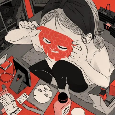 BBC An illustration showing a young girl applying a red sheet mask in front of her phone. She is surrounded by shopping bags, receipts and bottles of cosmetics BBC An illustration showing a young girl applying a red sheet mask in front of her phone. She is surrounded by shopping bags, receipts and bottles of cosmetics