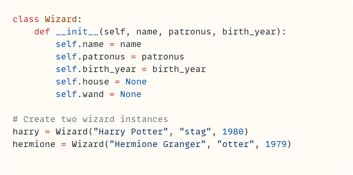 class Wizard:     def __init__(self, name, patronus, birth_year):         self.name = name         self.patronus = patronus         self.birth_year = birth_year         self.house = None         self.wand = None  # Create two wizard instances harry = Wizard("Harry Potter", "stag", 1980) hermione = Wizard("Hermione Granger", "otter", 1979)