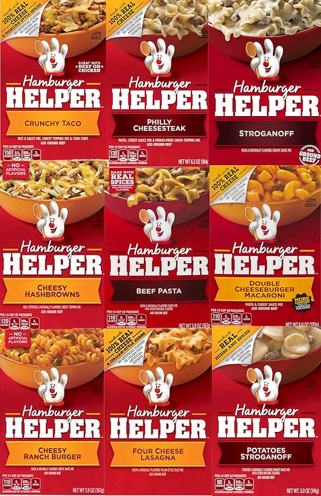 Amazon.com : Hamburger Helper Variety Pack of 9- Crunchy Taco, Philly  Cheesesteak, Stroganoff, Cheesy Hashbrowns ,Beef Pasta, Double Cheeseburger  Mac, Cheesy Ranch Burger, Four Cheese Lasagna, Potatoes Stroganoff :  Grocery & Gourmet Food