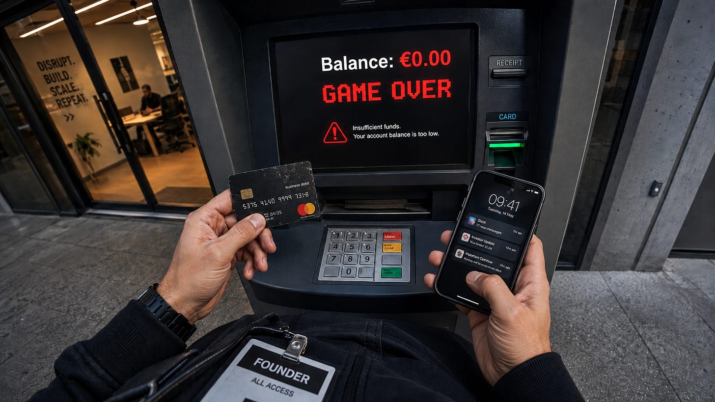 Realistic POV image of a startup founder at an ATM seeing a €0.00 balance and “GAME OVER” on the screen, with a business card, phone notifications, and startup office in the background showing the company has run out of money.