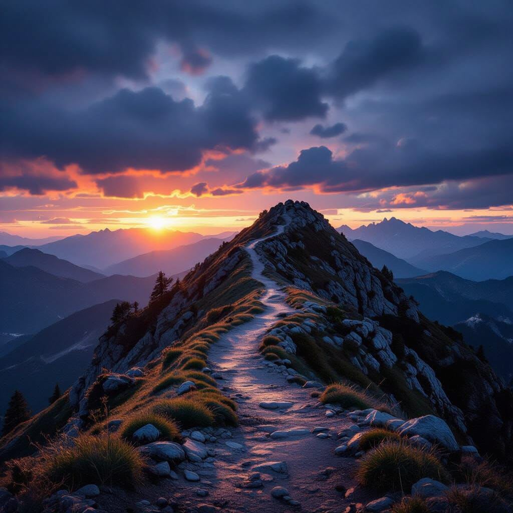 A lone, narrow, and treacherous mountain ridge path at dusk. A dramatic, stormy sunset casts long shadows, and dark clou… A lone, narrow, and treacherous mountain ridge path at dusk. A dramatic, stormy sunset casts long shadows, and dark clou…
