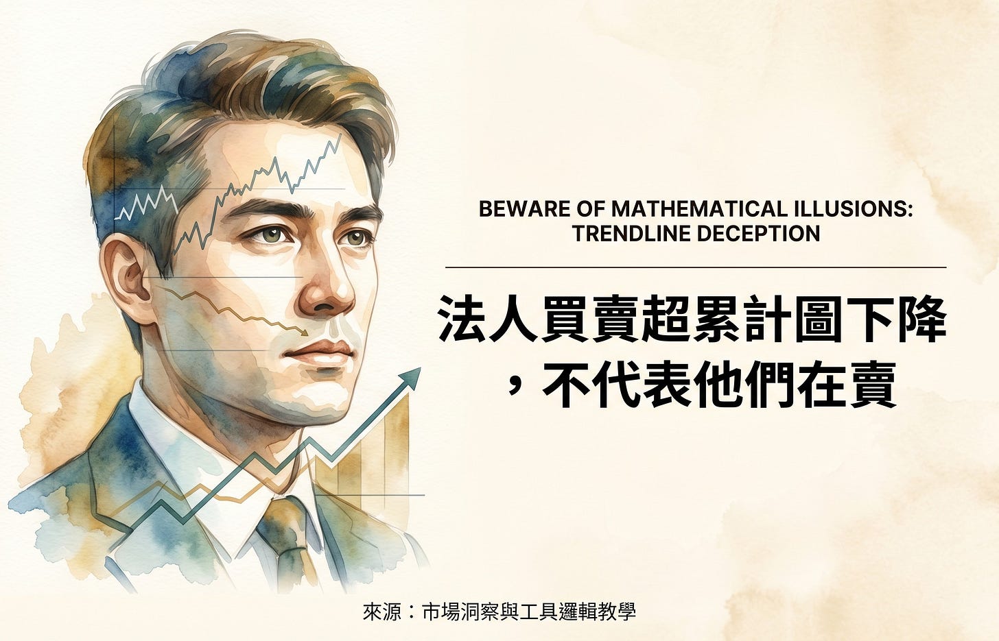 可能是顯示的文字是「 My BEWARE BEWAREOFMATHEMATICALILUSIONS: OF MATHEMATICAL ILLUSIONS: TRENDLINE TRENDLINEDECEPTION DECEPTION 法人買賣超累計圖下降 ,不代表他們在賣 來源: 源:市場洞察與工具遥輯教學」的塗鴉