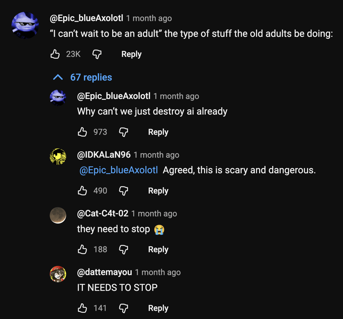 This is one of the most-liked comments and its replies on a recent Species Documenting AGI video. I’d guess that all of these commenters are children.