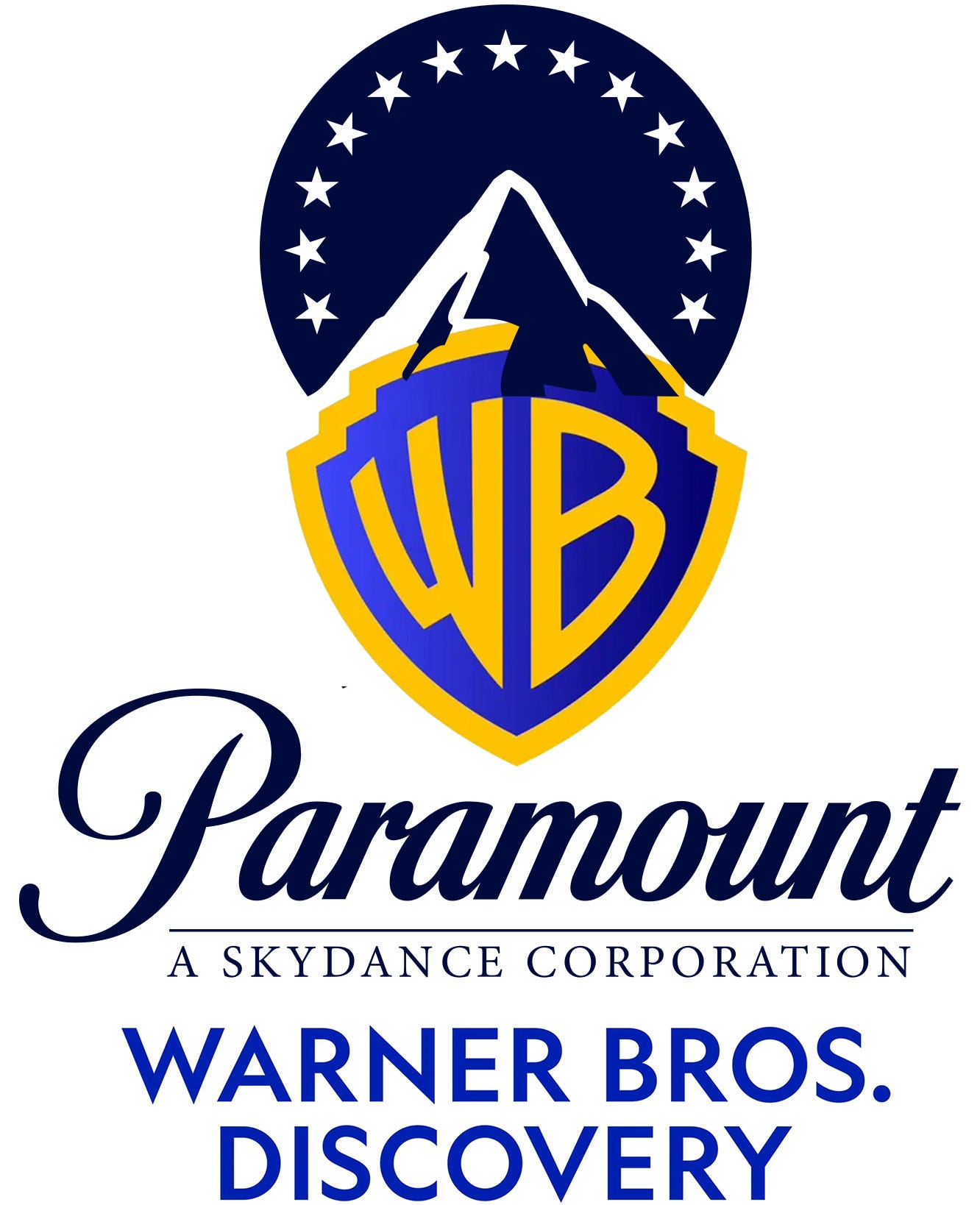 Paramount and Warner Bros. Discovery logos combined in a vertical merger graphic