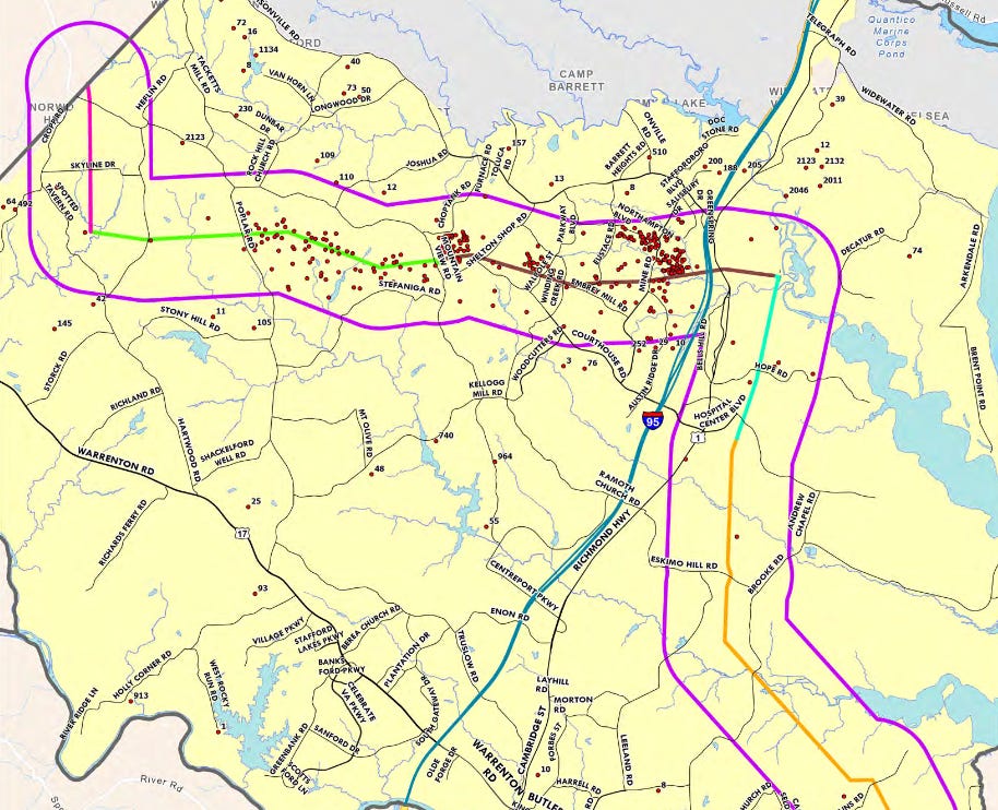 Map of Stafford County survey respondents near North Anna to Bristers route concepts