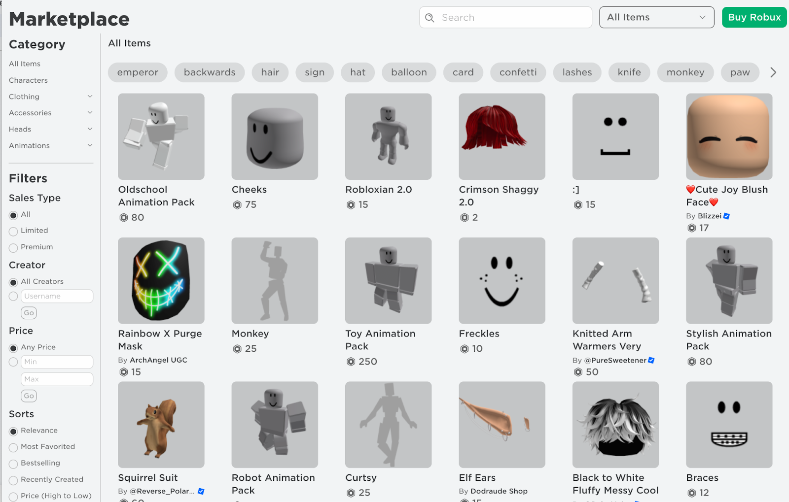 Roblox Marketplace-style grid showing avatar accessories, faces, and animation packs