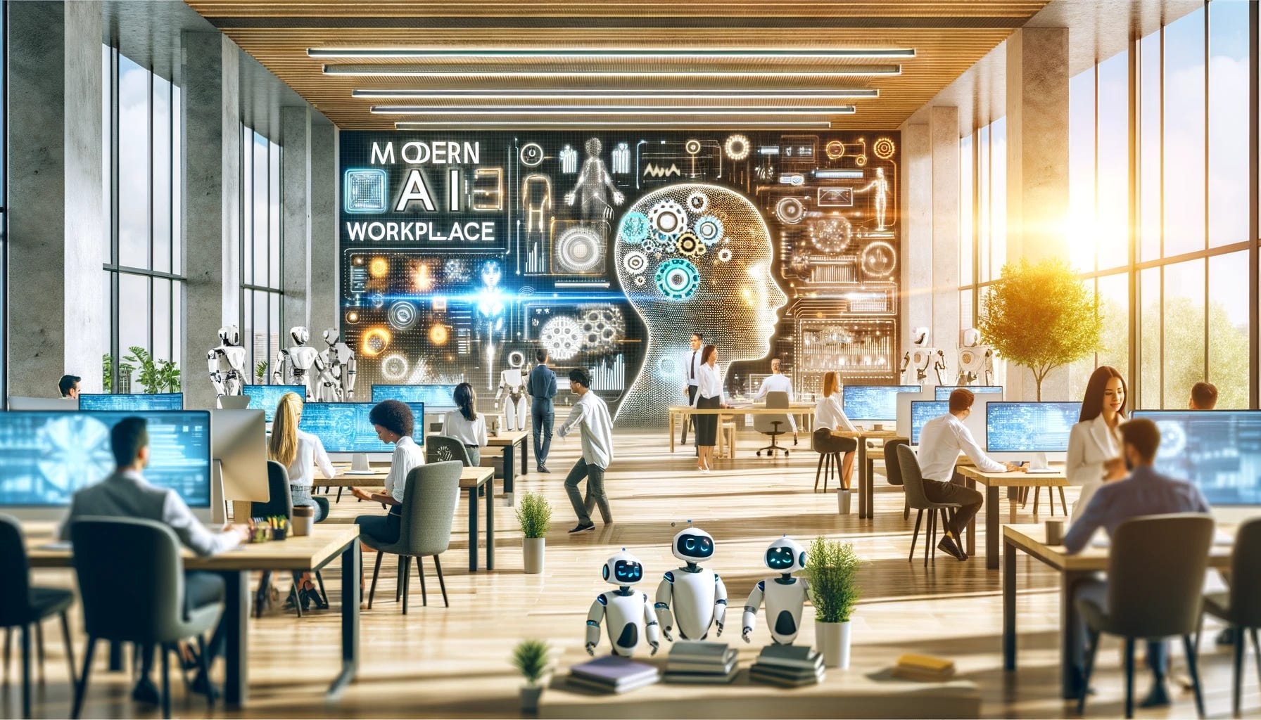 Employees working with AI tools in a modern office environment