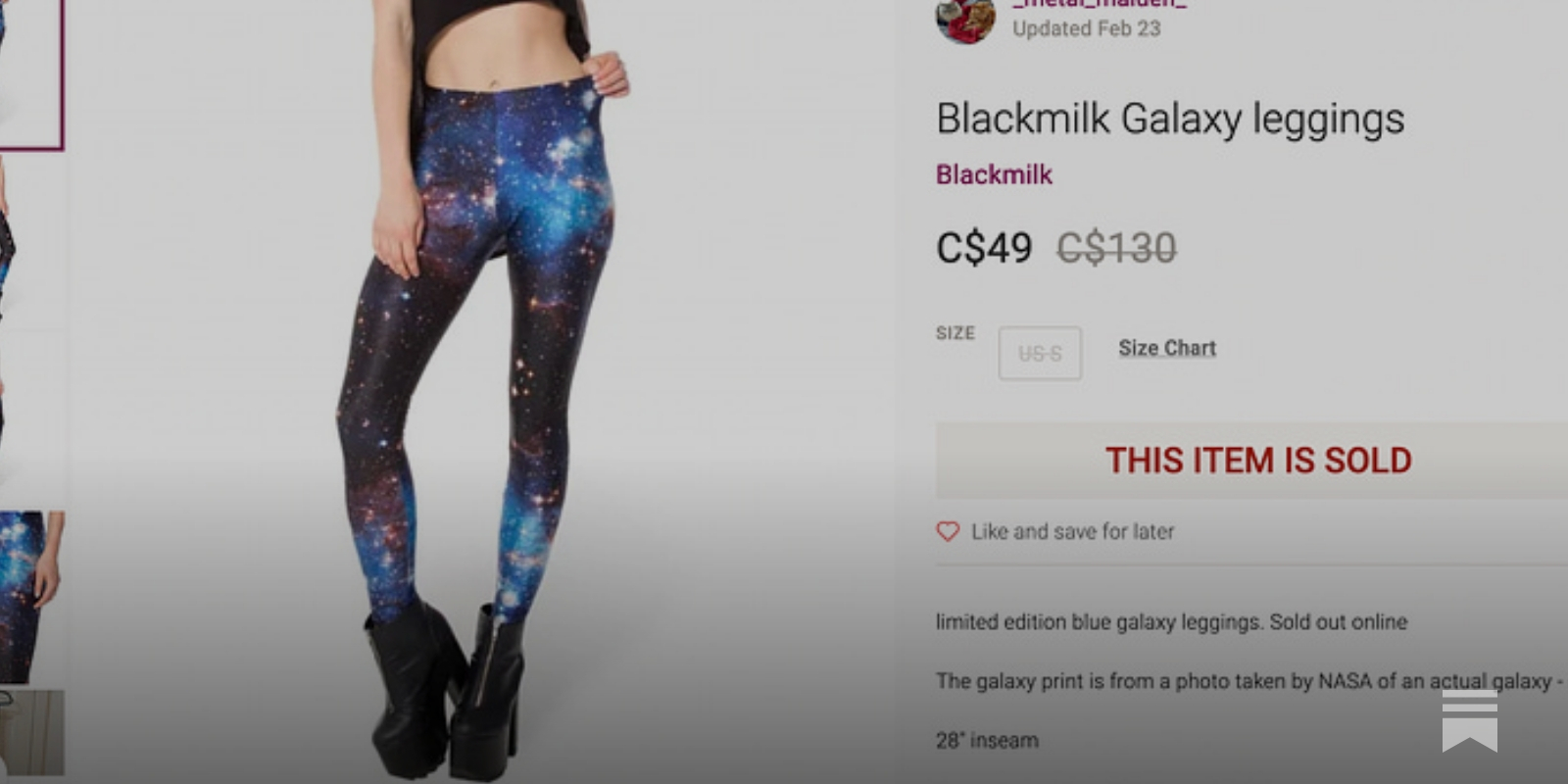 BlackMilk NASA Galaxy Photo Print Leggings • Size: Small