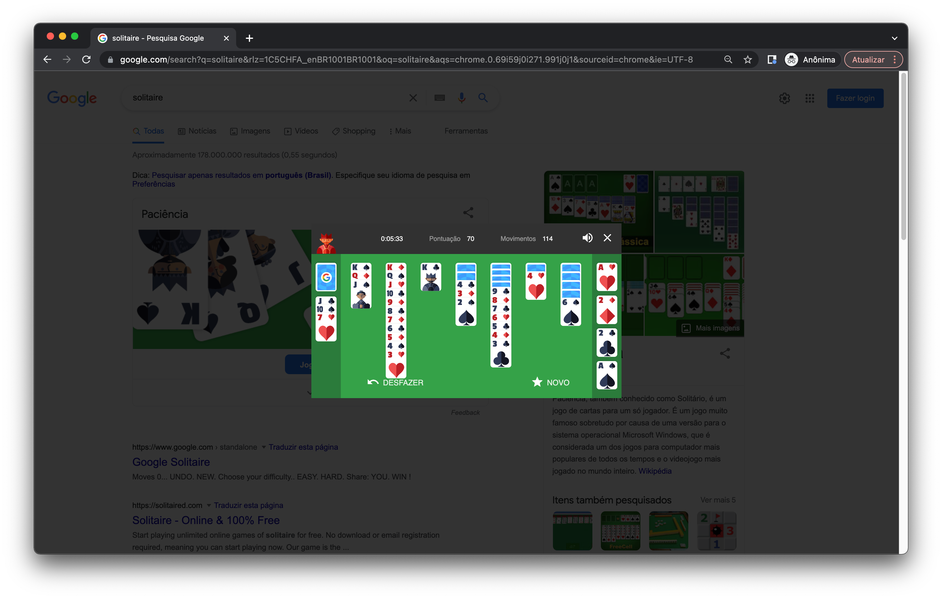 Agora você pode jogar Paciência direto do Google