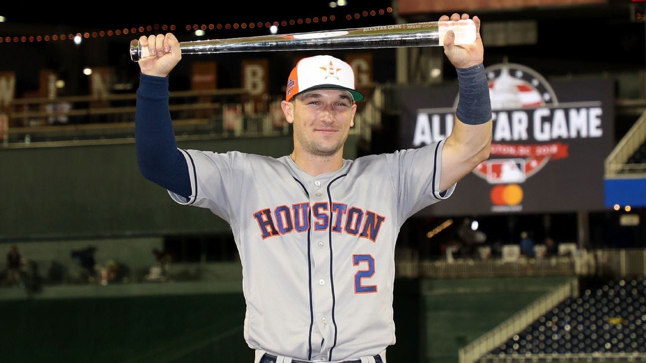 Houston Astros' Alex Bregman, left, points to a camera after
