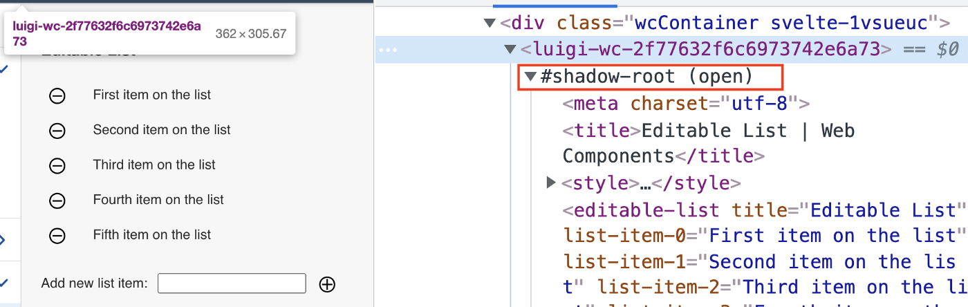 Screenshot highlighting the Shadow DOM element