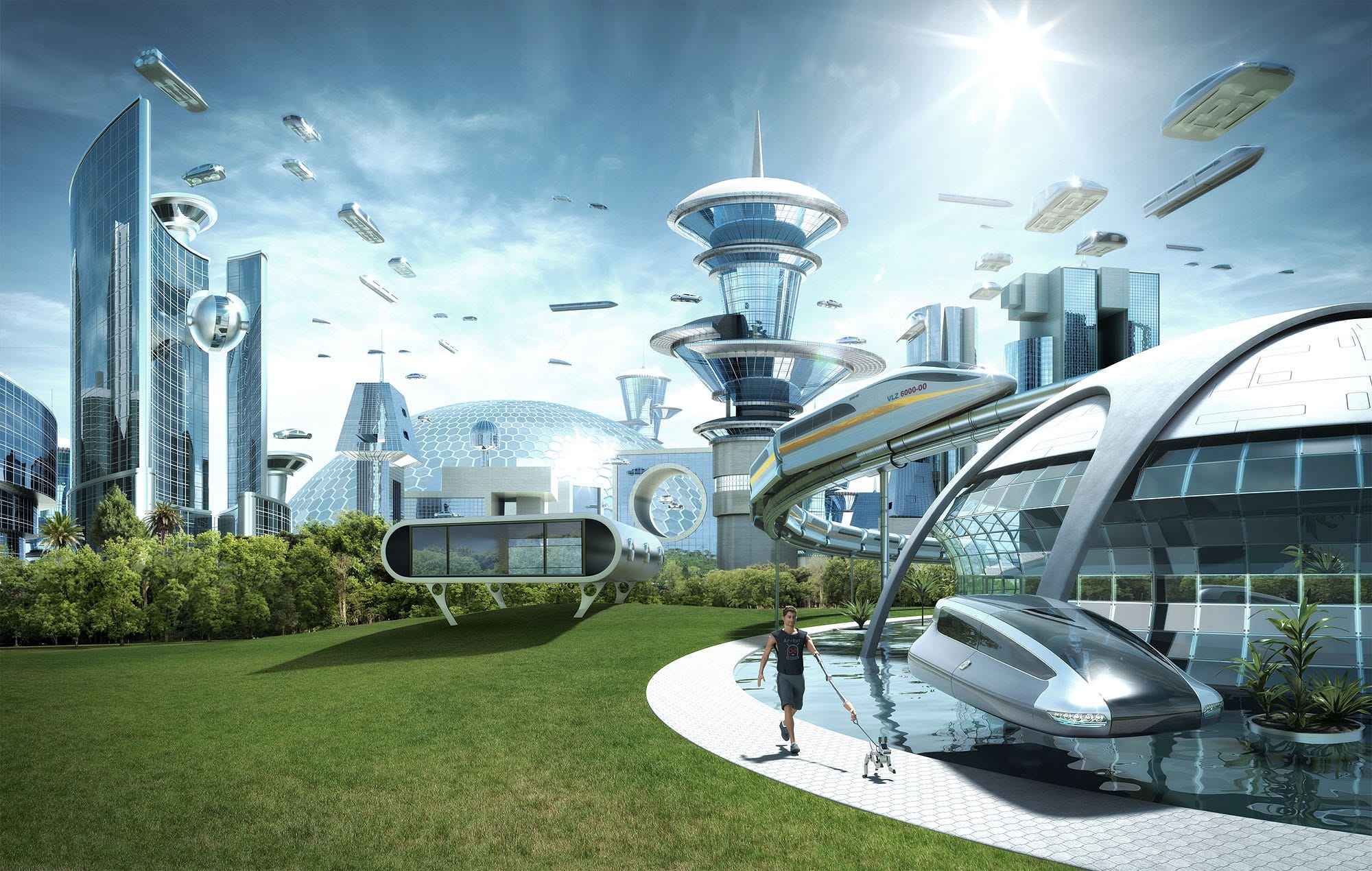 A solarpunk city with white skyscrapers, plants and the ocean nearby