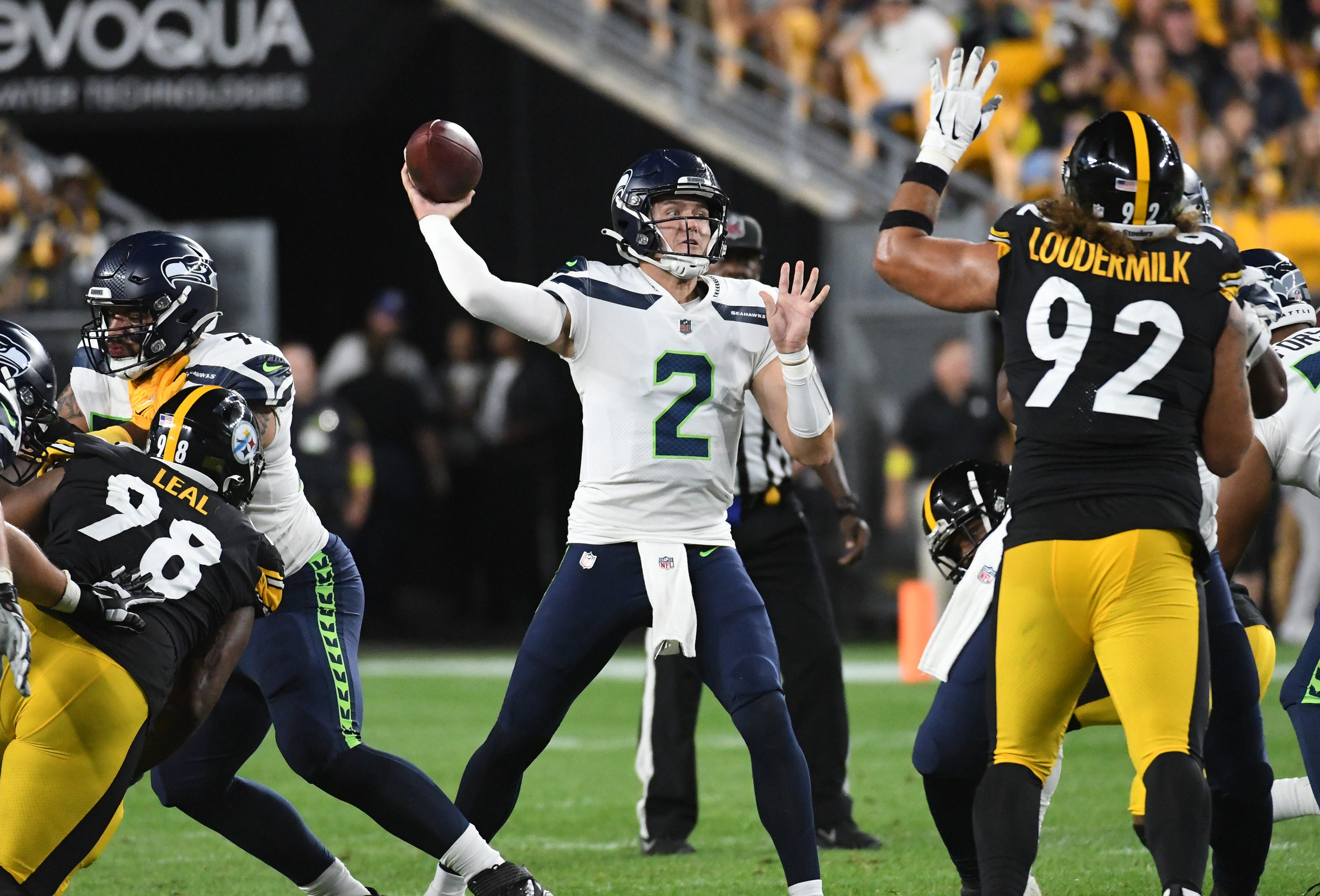 Seattle Seahawks quarterback Drew Lock (2) looks on before an NFL