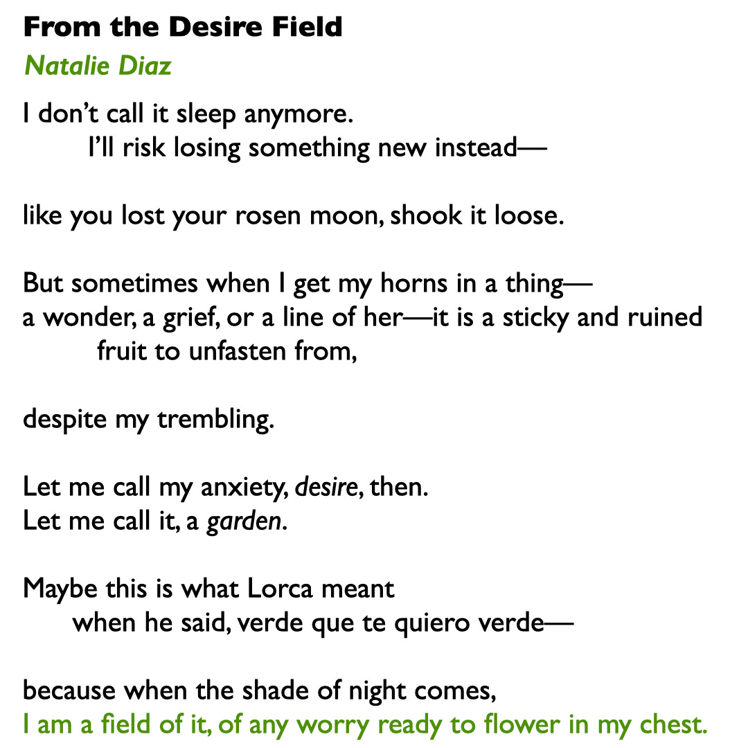 Let me call my anxiety, desire, then./ Let me call it, a garden.