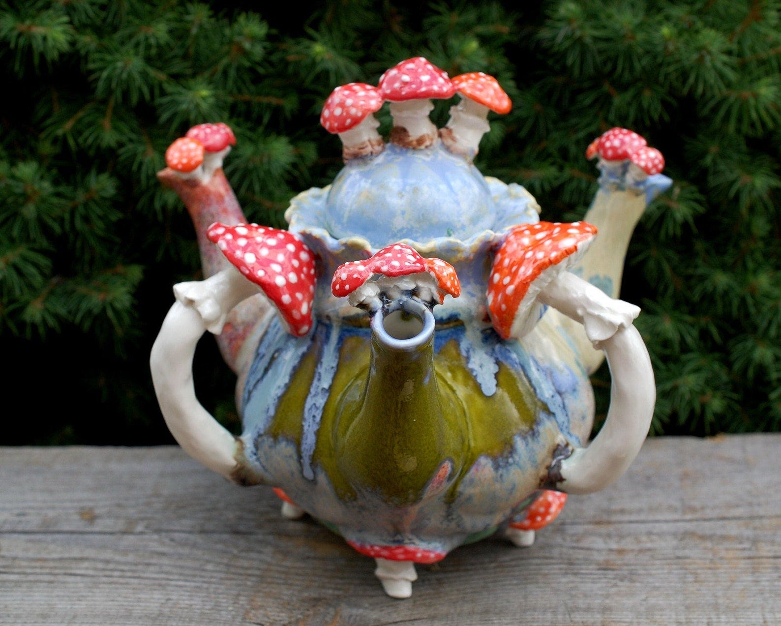 Two spout art teapot Alice Wonderland Double teapot Mushrooms